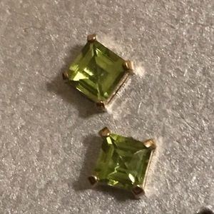 Square cut peridot 14k yellow gold earrings